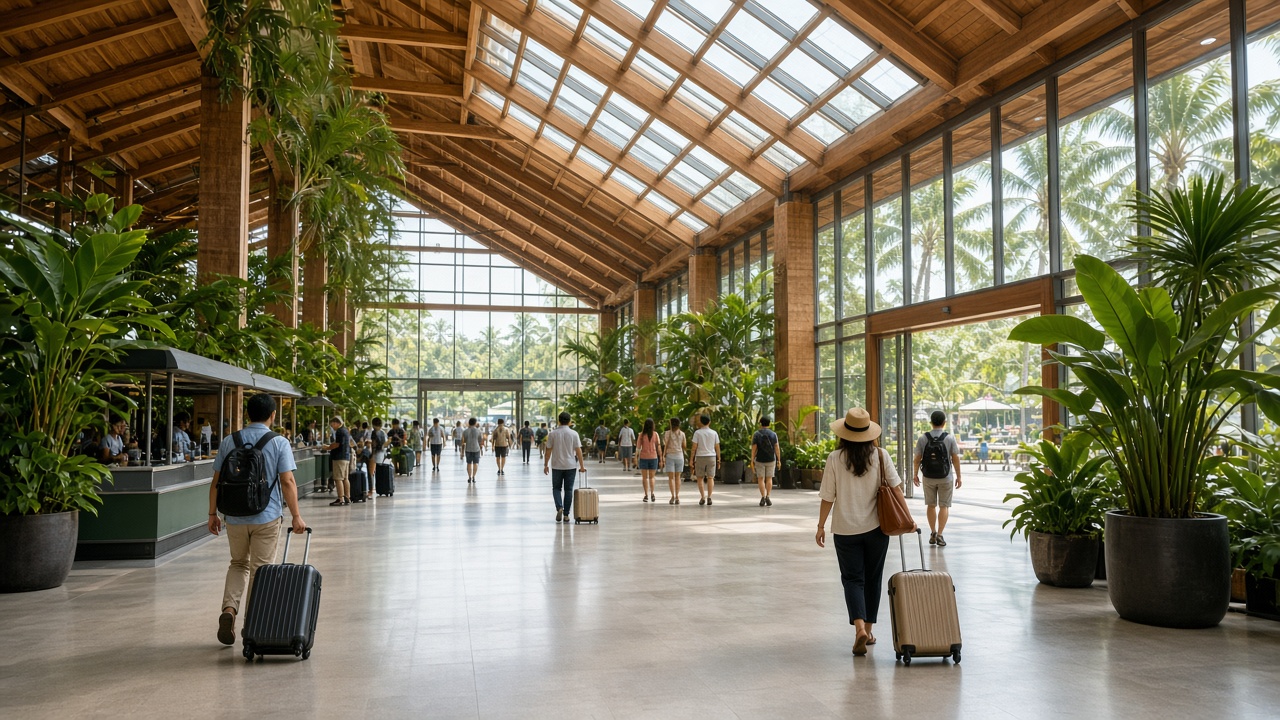 Travelers in a tropical Indonesian airport arrival hall