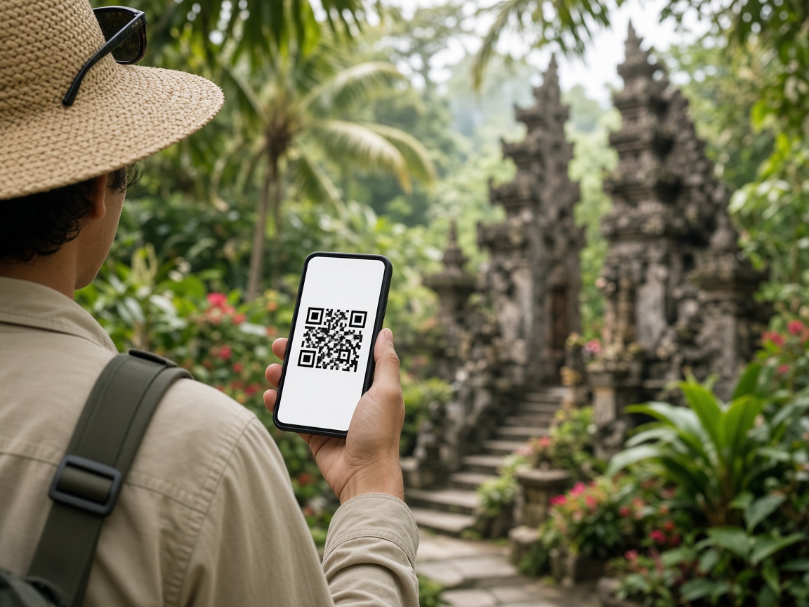 Traveler holding a phone with a generic QR mock — not a government website