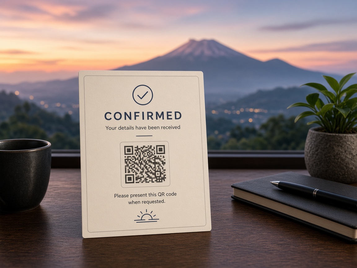 Generic QR mock on a hotel desk — not an official printout