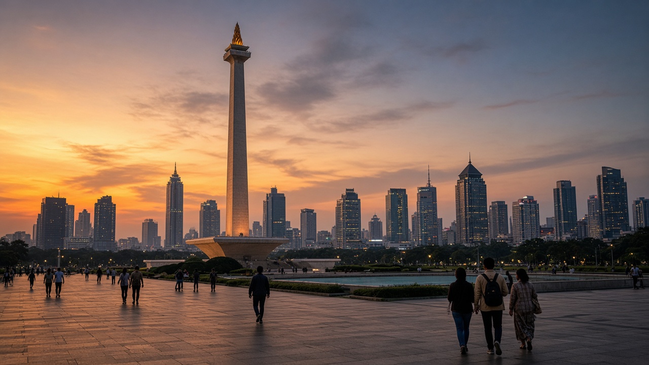 Jakarta National Monument and skyline at dusk