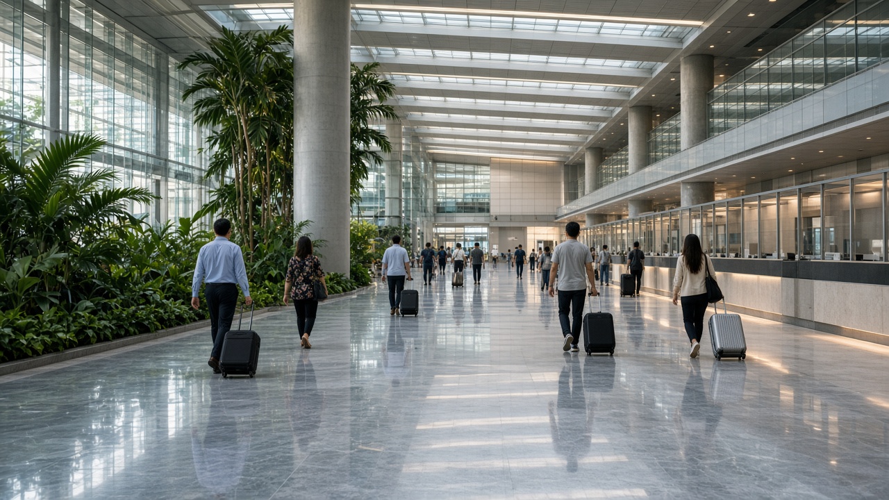 Travelers in a Malaysian airport arrival hall
