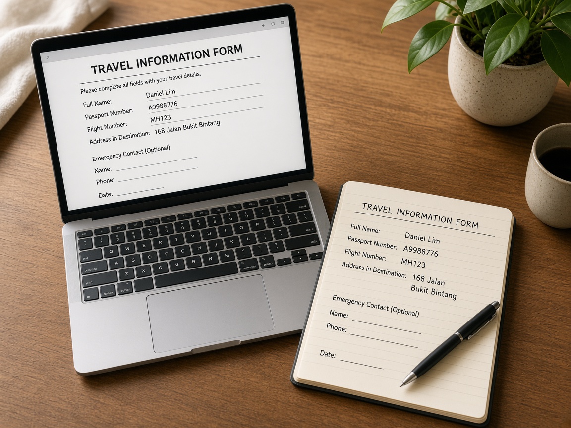 Still-life of unlabeled passport and form fields — not a government website