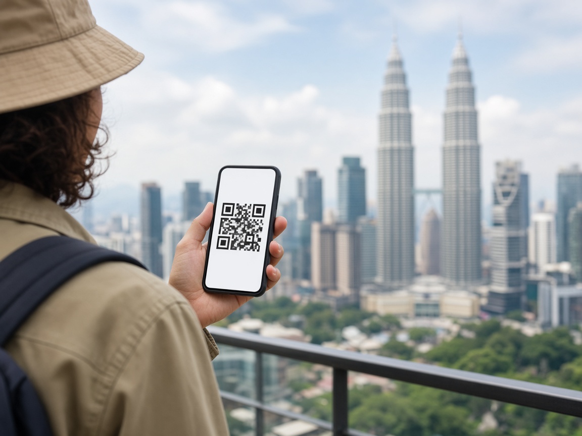 Traveler holding a phone with a generic QR mock — not a government website