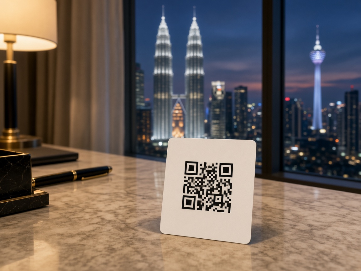 Generic QR mock on a hotel desk — not an official printout