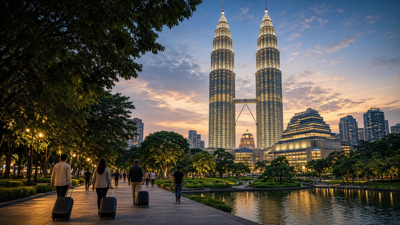 Kuala Lumpur Petronas Towers at dusk with travelers on the promenade
