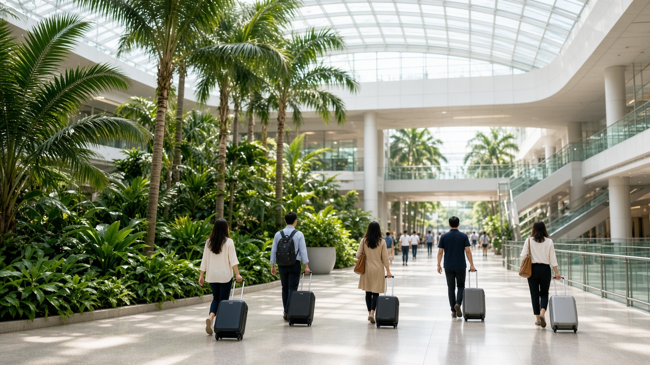 Travelers in a bright Singapore airport arrival hall with indoor greenery
