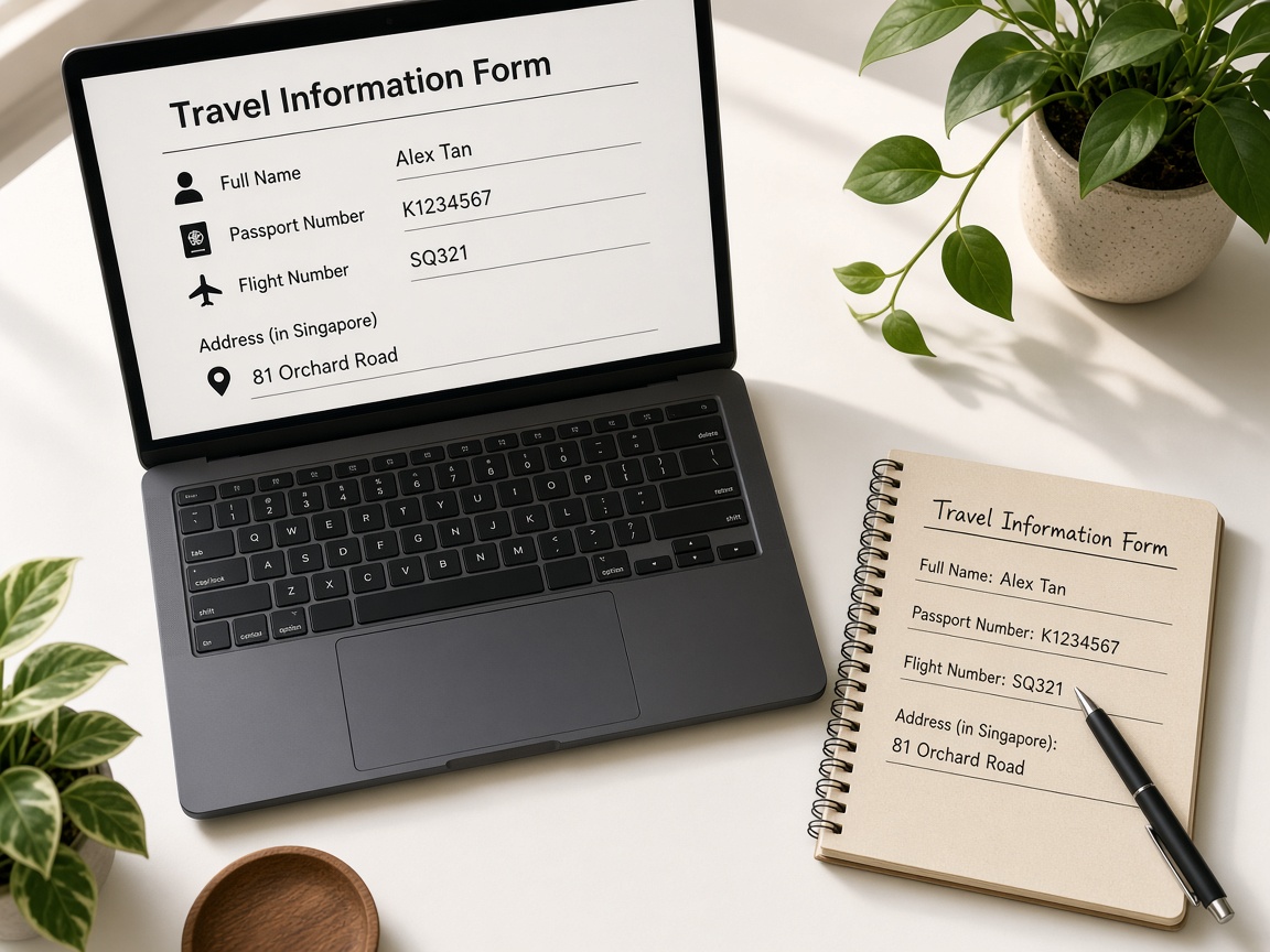 Still-life of unlabeled passport and form fields — not a government website