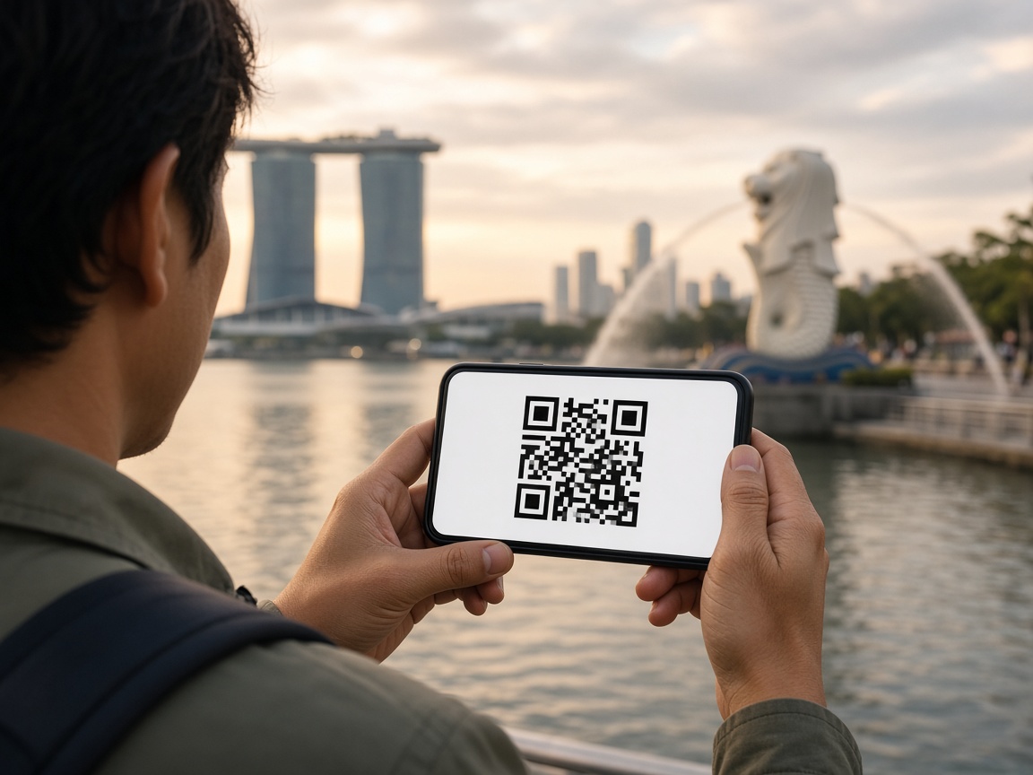 Traveler holding a phone with a generic QR mock — not an ICA website