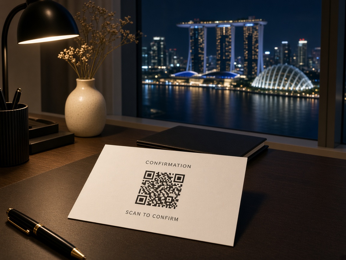 Generic QR confirmation mock on a hotel desk overlooking Singapore — not an official printout