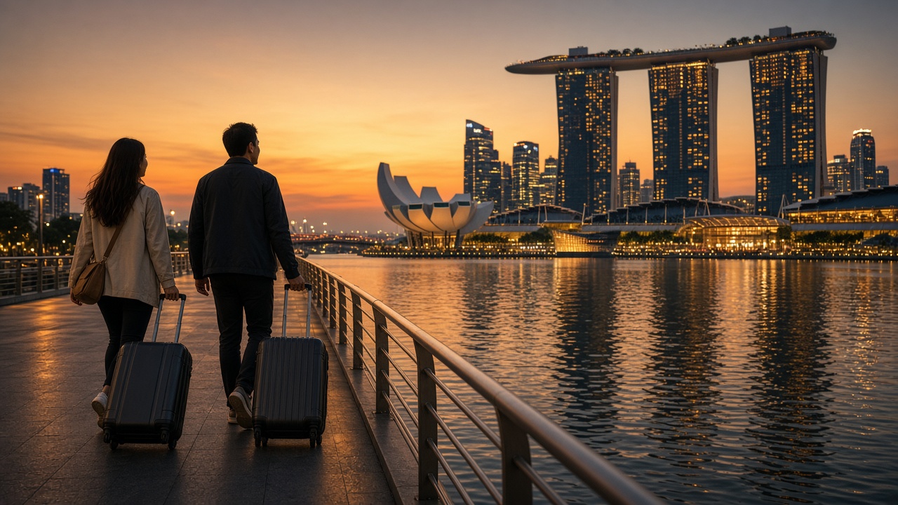 Travelers on the Marina Bay waterfront in Singapore at dusk