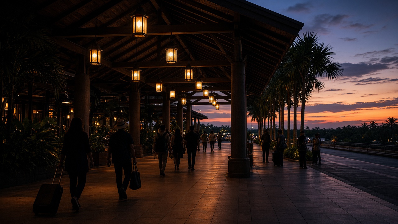 Travelers arriving in Thailand at a tropical airport in golden-hour light