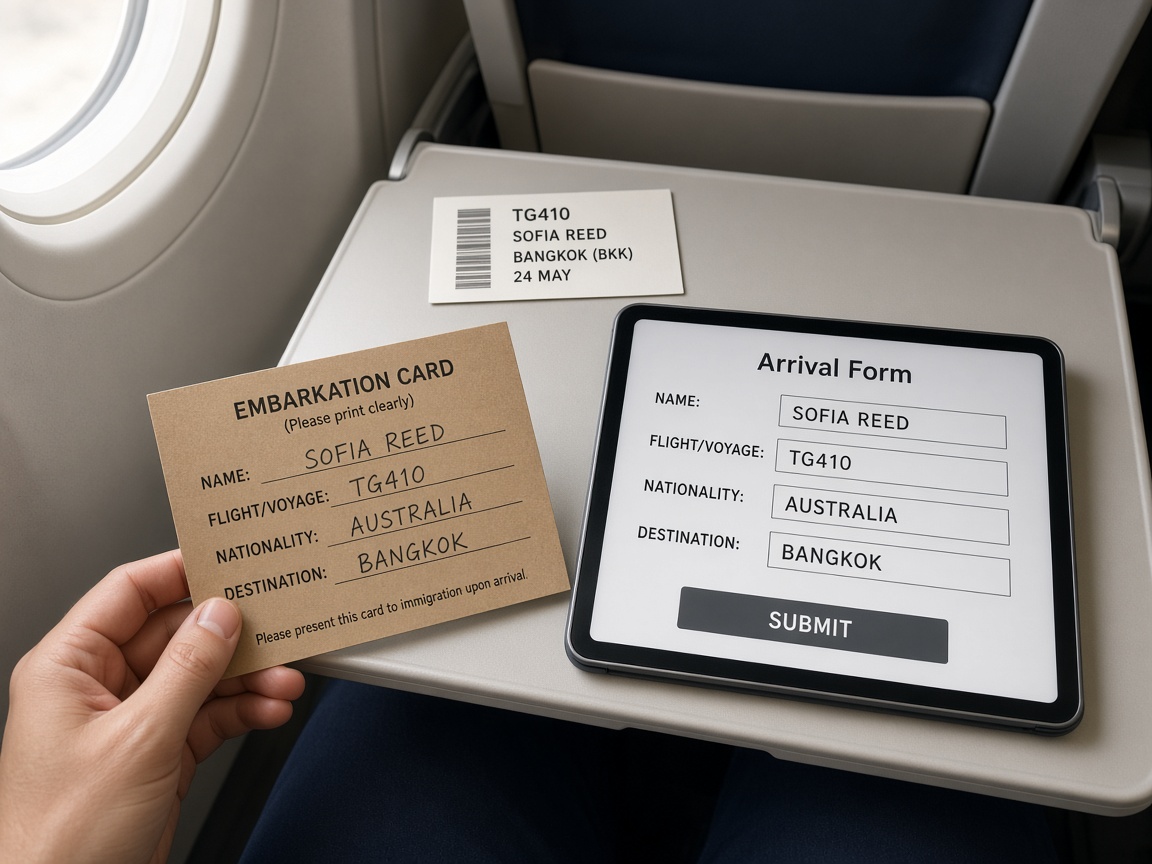 Illustration of a generic paper embarkation card set aside next to a tablet — not an official TM.6 reprint