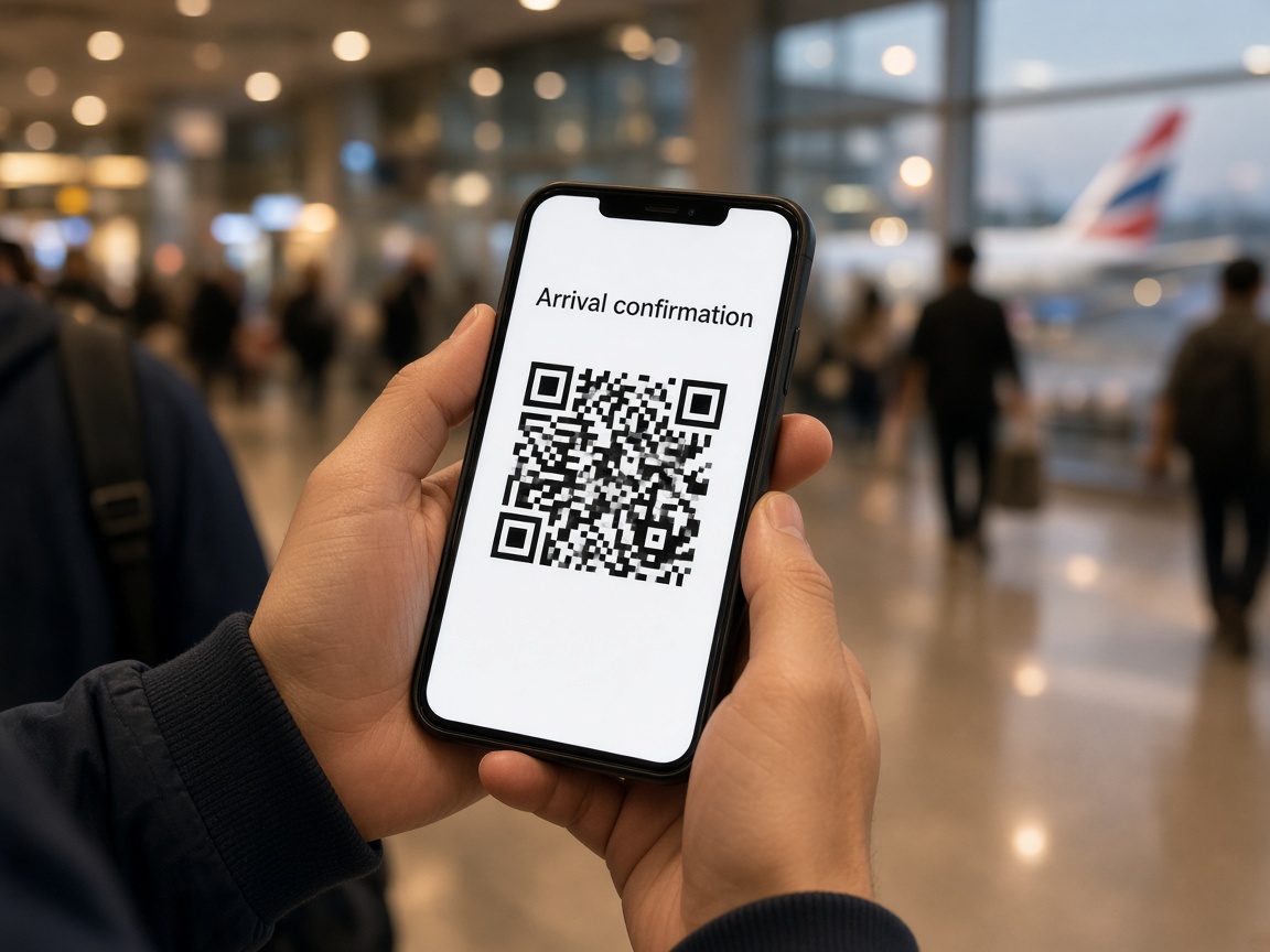 Illustration: a traveler holding a phone with a generic QR confirmation — not an official immigration website