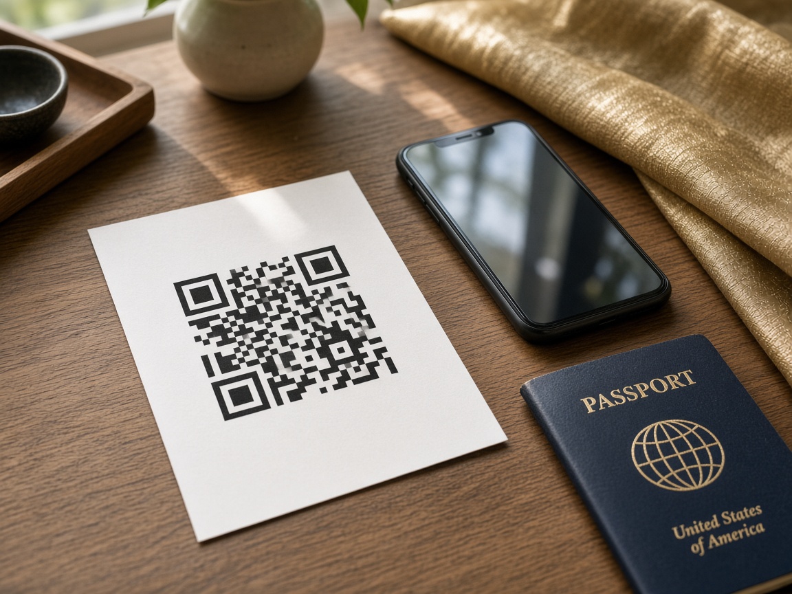 Illustration of a generic QR confirmation card on a hotel desk — not an official immigration form