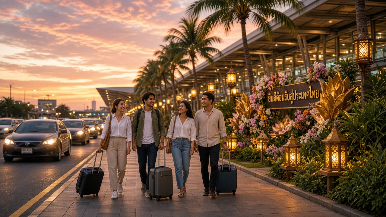 Travelers arriving in Thailand — tropical airport welcome at dusk